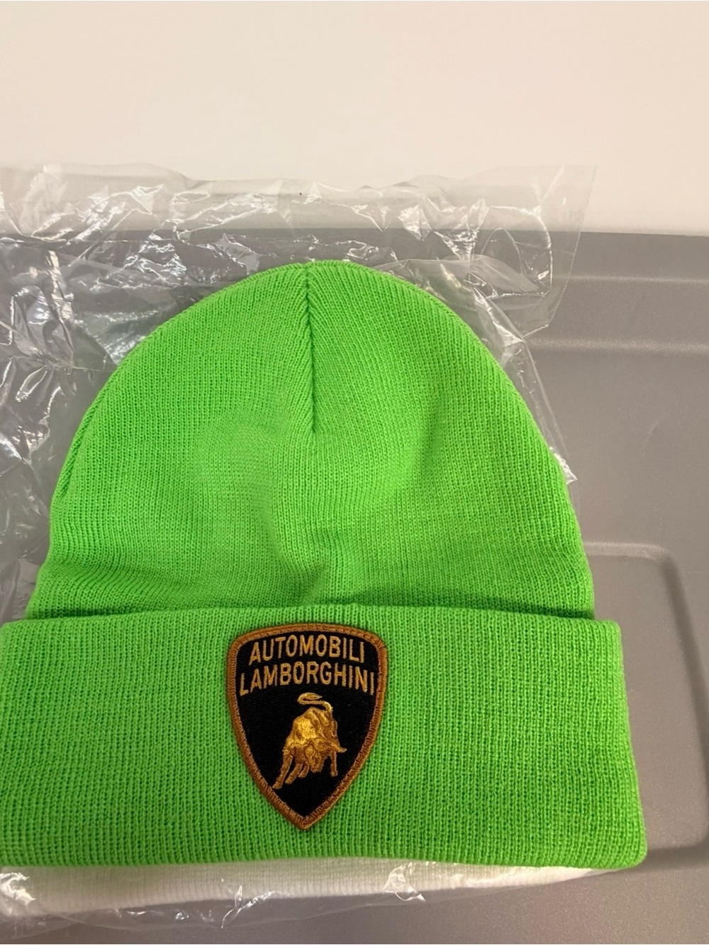 Lamborghini Neon Green Cuffed Knit Beanie with Crest